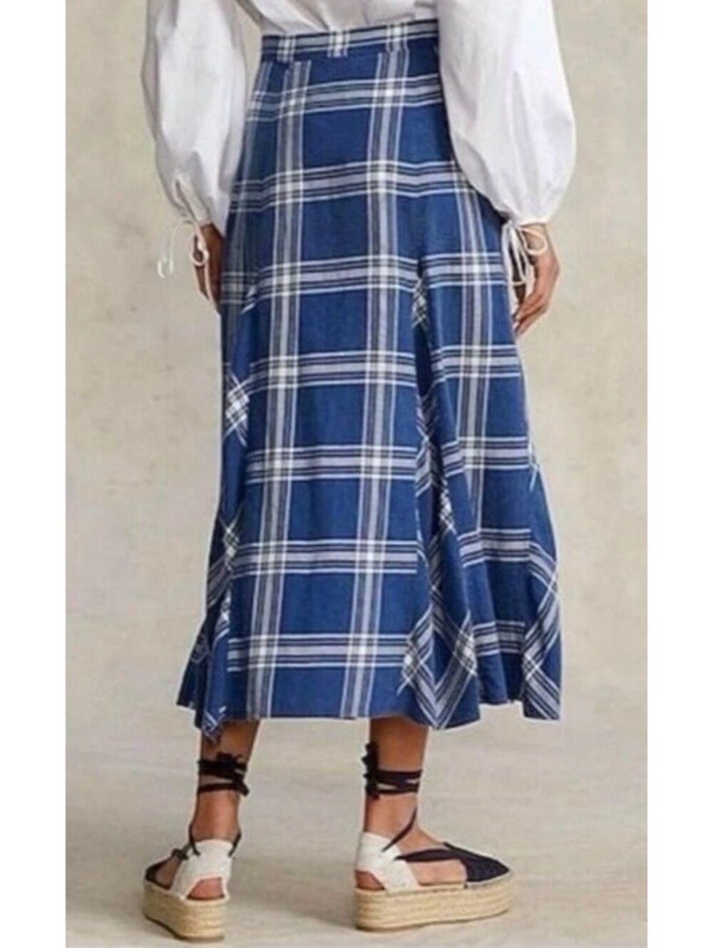 Ralph Lauren Polo Blue Plaid Godet Maxi Skirt Size 4 Small - Picture 2 of 10
